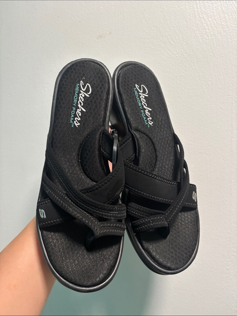 Skechers Black Women's Slip-On Crisscross Memory Foam Sandals